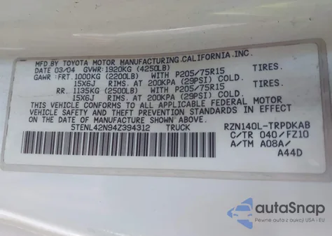 2004 Toyota Tacoma from USA, damaged, VIN 5TENL42N94Z394312